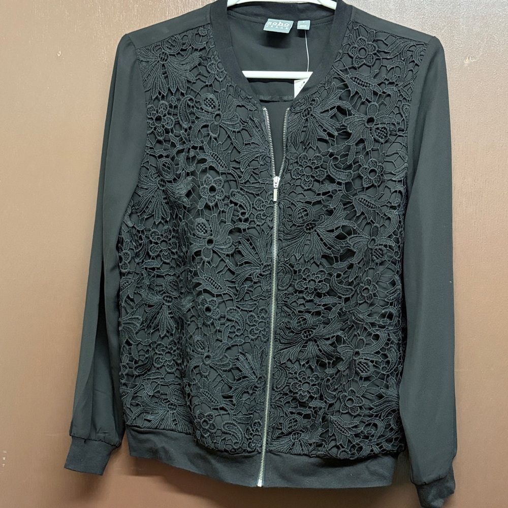 Elegant Black Lace Bomber Jacket